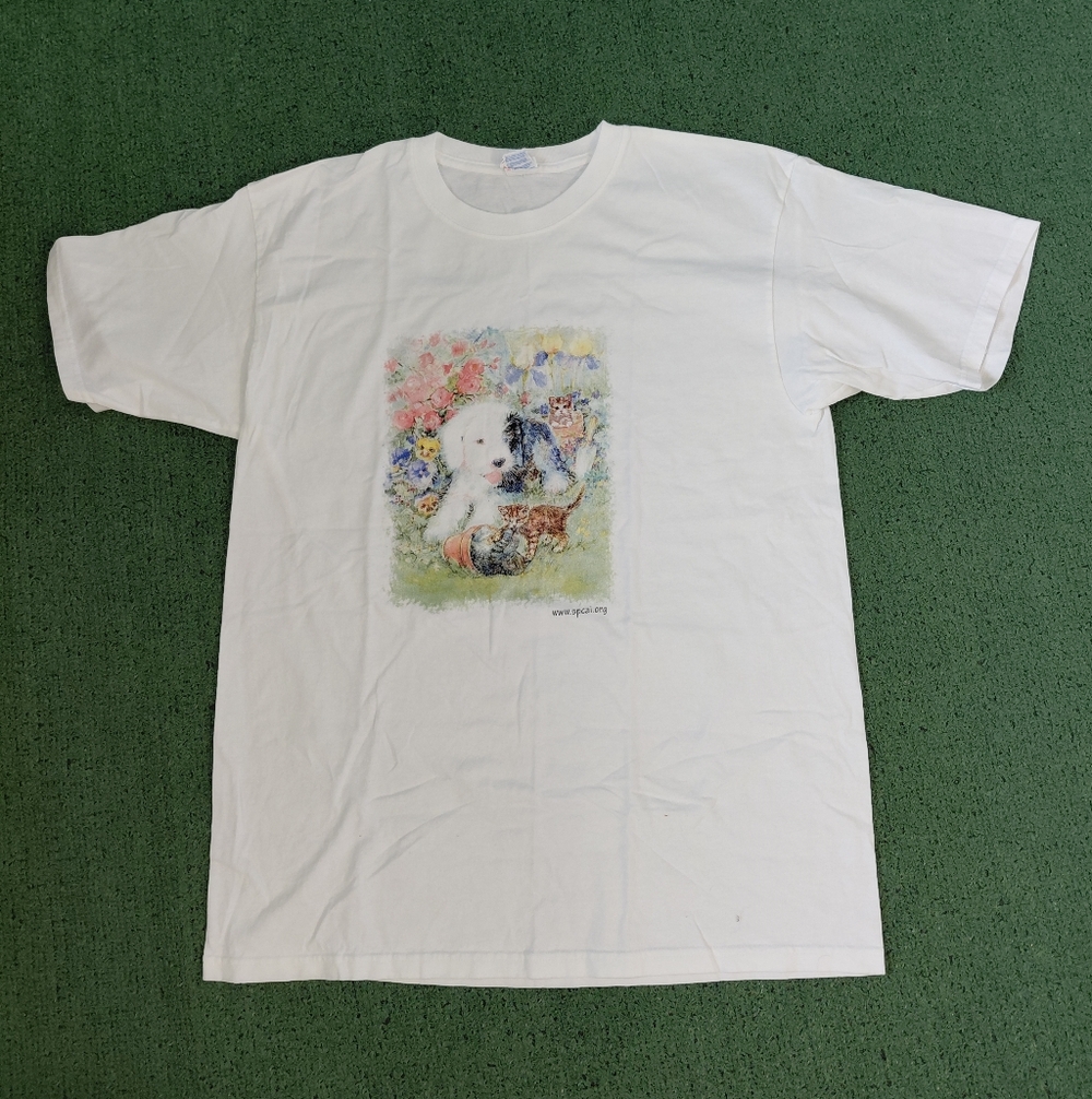 VINTAGE SPCAI Sheepdog & Cats Kittens Floral Garden T Shirt Size Large